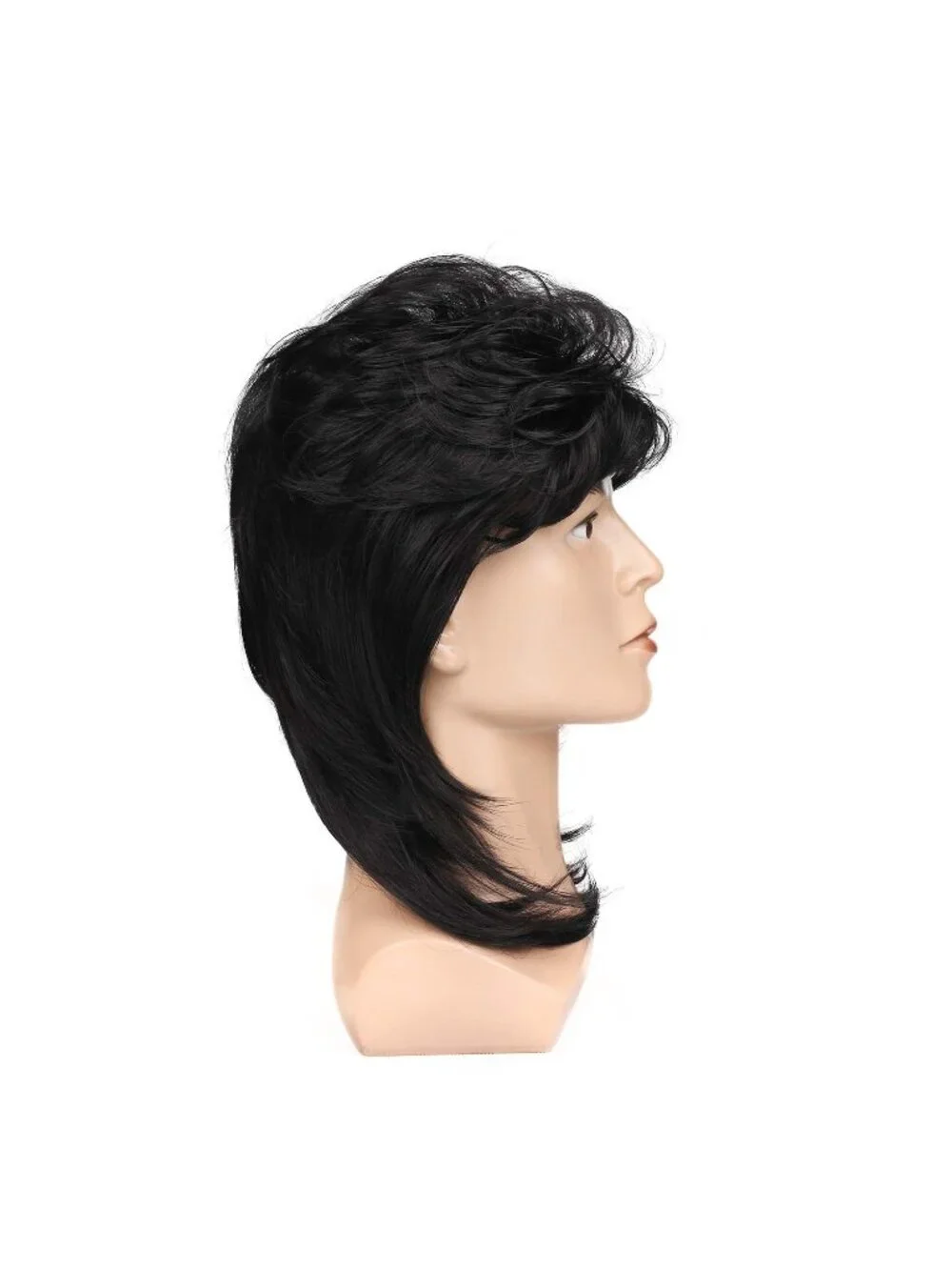Men's Black Heat Resistant Synthetic Fiber Long Hair Retro Mullet Wigs
